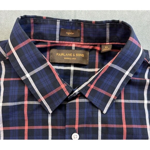 Fairlane Sons Plaid Blue Button Front Men's XL Shirt Plaid Reg Fit Wrinkle Free - Picture 3 of 9